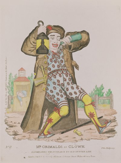 Mr Grimaldi as Clown, illuminating the entrance to Old Gutter Lane (1833) by English School